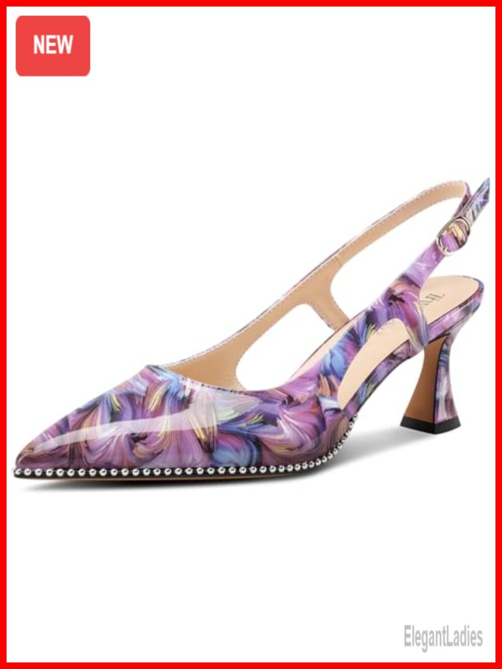 Kitten Heel Pointed Toe Pumps Beaded Slingback Patent Leather Prom Heels 2.6